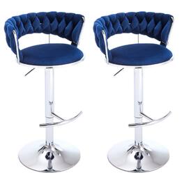 SlickBlue - Modern Adjustable Bar Stools – Set of 2 Velvet Swivel Chairs with Chrome Legs - Blue