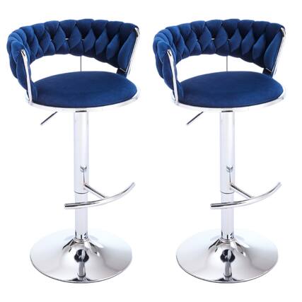 Front. SlickBlue - Modern Adjustable Bar Stools – Set of 2 Velvet Swivel Chairs with Chrome Legs - Blue.
