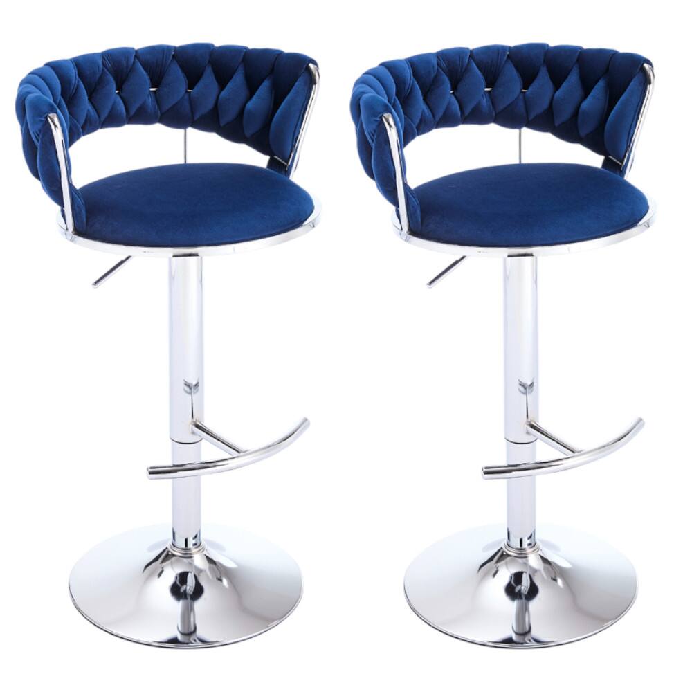 Front. SlickBlue - Modern Adjustable Bar Stools – Set of 2 Velvet Swivel Chairs with Chrome Legs - Blue.