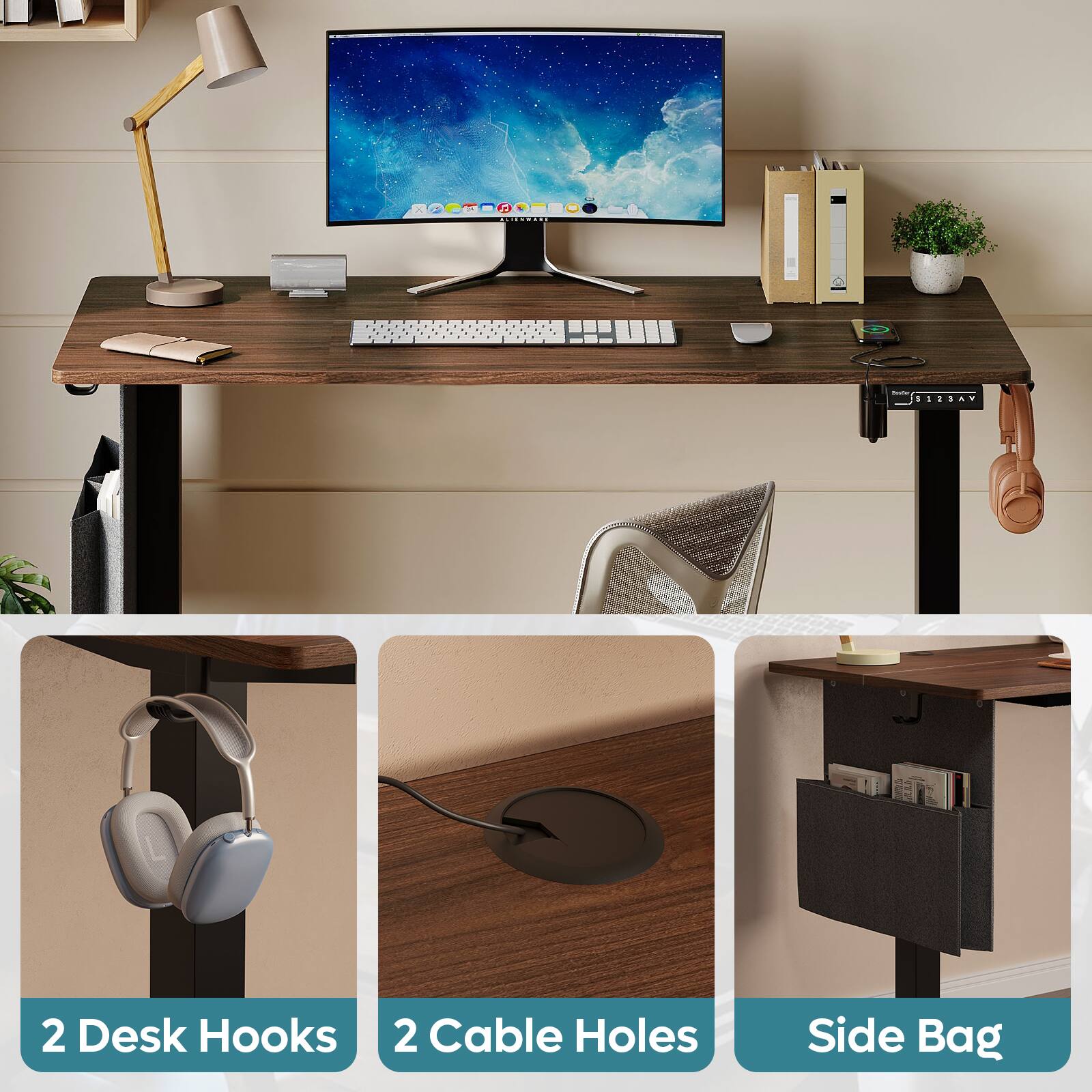 I have 2 Desk Hooks, 2 Cable Holes, and a Side Bag.