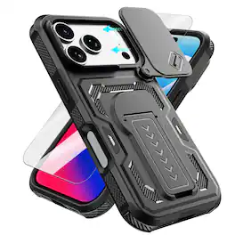 Dteck - Rugged Stand Case for Apple iPhone 18 Pro Max,Shockproof Heavy Duty Cover With Sliding Lens Cover+Tempered Glass Flim - Black