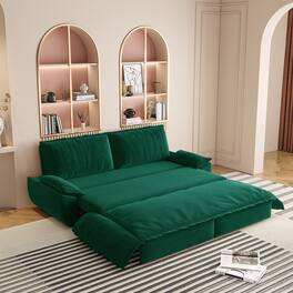 JUJABU - 73.2" Queen Pull Out Sofa Bed, 3-in-1 Convertible Sleeper Sofa, Velvet Loveseat Bed - Green