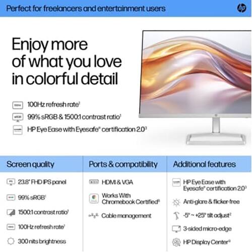 Perfect for freelancers and entertainment users

Enjoy more of what you love in colorful detail

- 100Hz refresh rate
- 99% sRGB & 1500:1 contrast ratio
- HP Eye Ease with Eyesafe certification 20"

Screen quality
- 23.8" FHD IPS panel
- 99% sRGB
- 1500:1 contrast ratio
- 100Hz refresh rate
- 300 nits brightness

Ports & compatibility
- HDMI & VGA
- Works With Chromebook Certified
- Cable management

Additional features
- HP Eye Ease with Eyesafe certification 20"
- Anti-glare & flicker-free
- 5° - +25° tilt adjust
- 3-sided micro-edge
- HP Display Center