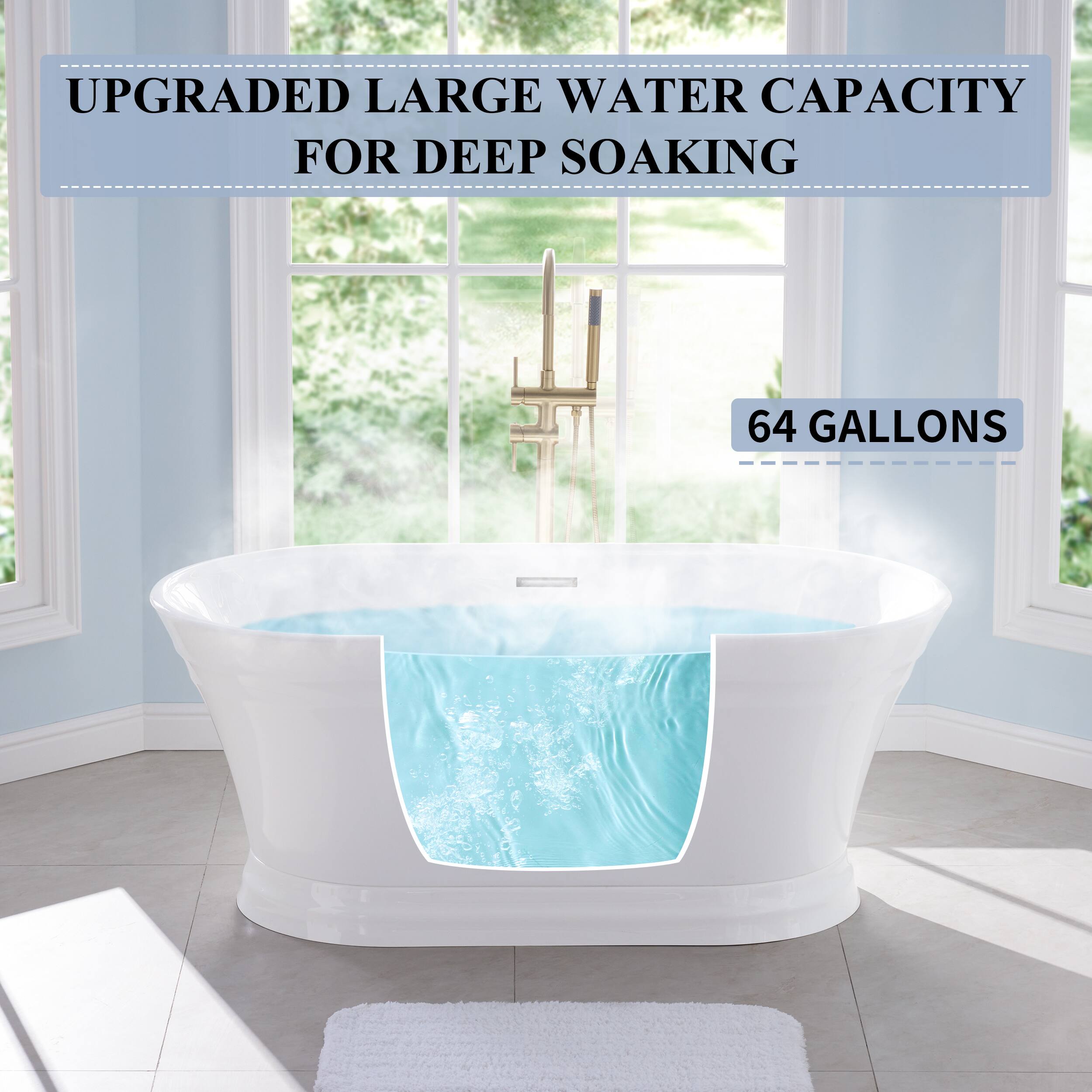 UPGRADED LARGE WATER CAPACITY FOR DEEP SOAKING  
64 GALLONS