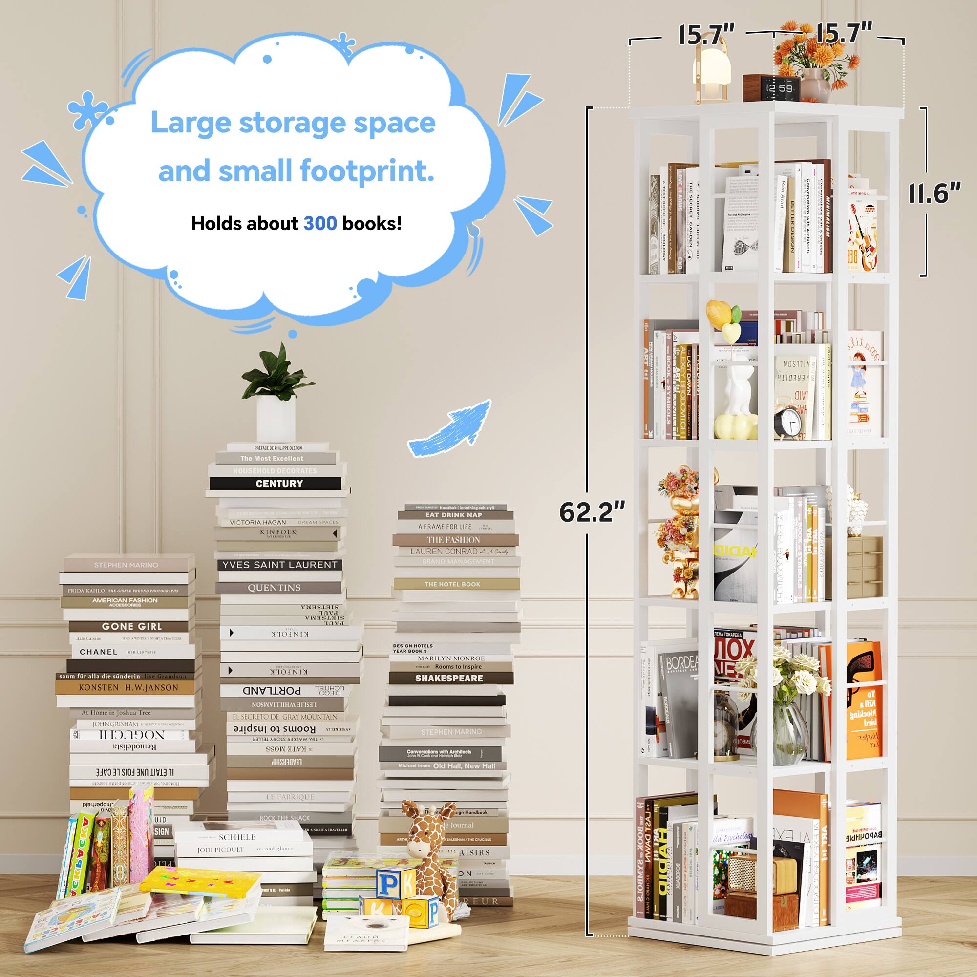 15.7" Large storage space and small footprint. Holds about 300 books!  
15.7"  
11.6"  
62.2"