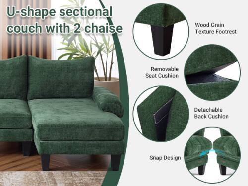 U-shape sectional couch with 2 chaise

- Wood Grain Texture Footrest
- Removable Seat Cushion
- Detachable Back Cushion
- Snap Design