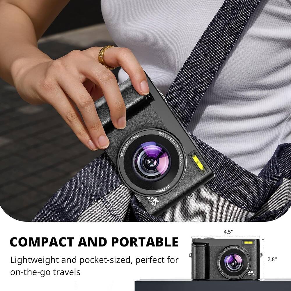 Sure, here is the corrected and grouped text:

---

**COMPACT AND PORTABLE**

Lightweight and pocket-sized, perfect for on-the-go travels

---

**Specifications:**

- Zoom: 4x
- Power: 3.7V
- Sensor: 1/2.3" CMOS
- Lens: 3.3mm
- F/2.8
- 4.5" (screen size)
- 2.8" (screen size)
- 4K Video

---