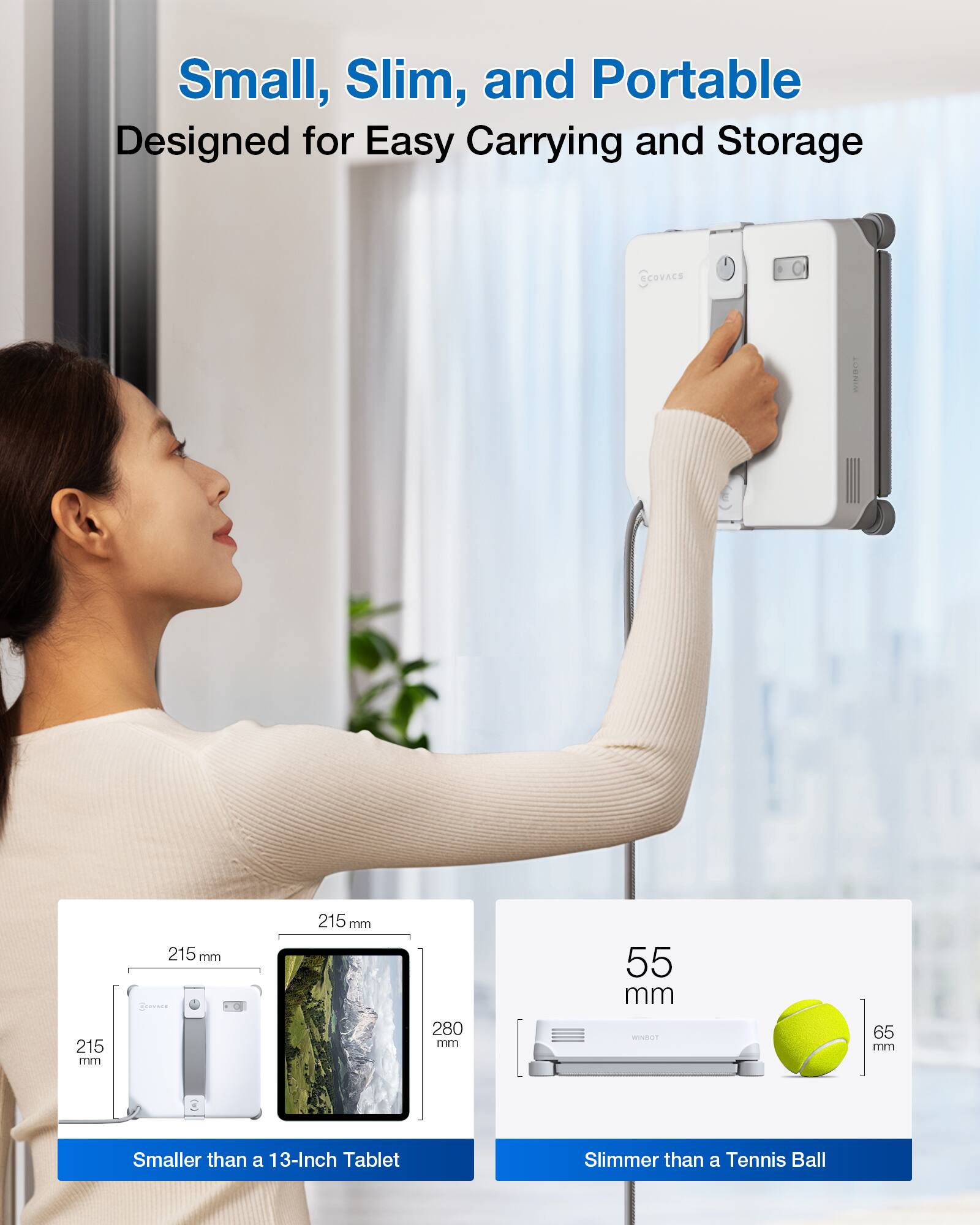 Small, Slim, and Portable  
Designed for Easy Carrying and Storage  

GCOVACE LOBNUM 215  
215 mm x 215 mm x 55 mm  
280 mm  
- 65 mm  

Smaller than a 13-Inch Tablet  
Slimmer than a Tennis Ball
