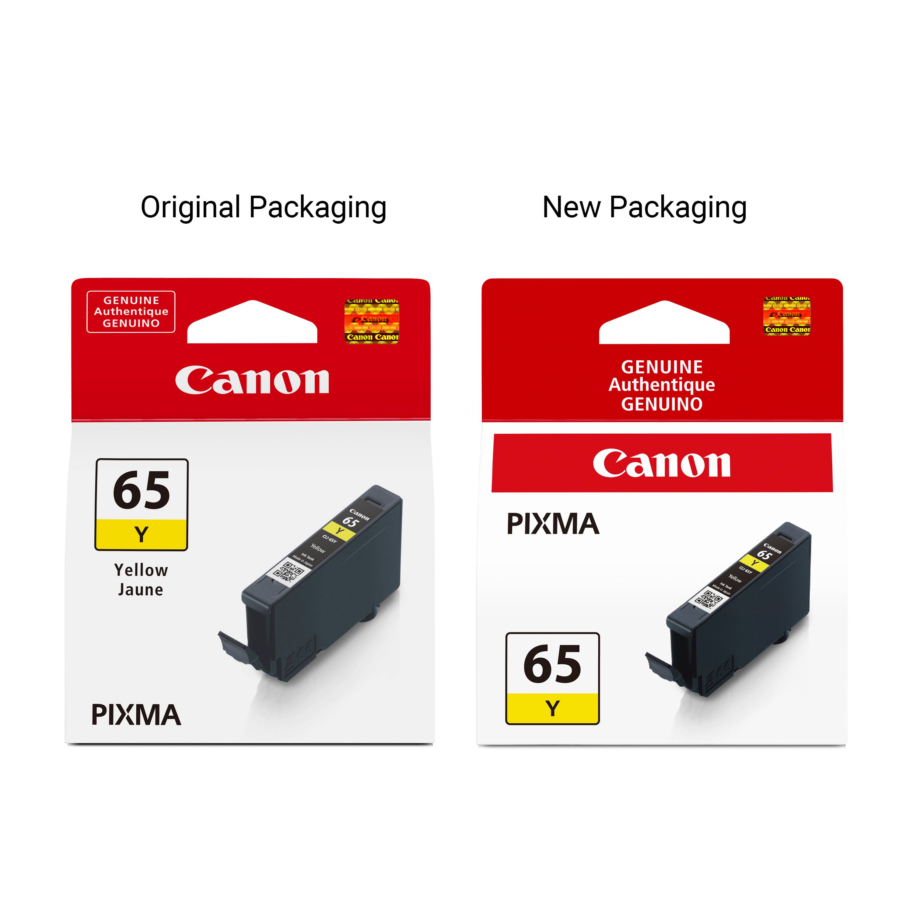Original Packaging
New Packaging
GENUINE Authentique GENUINO
Canon Canor
Canon
GENUINE Authentique GENUINO
65 Y Yellow Jaune
65 CANOR 3 Yellow
Canon PIXMA 65 Vasin CHEN Yellow des 2017/2018
PIXMA
65 Y
