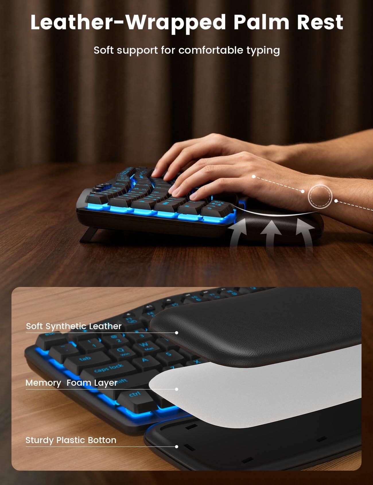 Leather-Wrapped Palm Rest  
Soft support for comfortable typing

PS  
F3 8 Soft Synthetic Leather  
(3 2 1 1 W Mac Q Win tab A caps lock Memory Foam Layer ift ctrl  
S  
X  
Sturdy Plastic Button