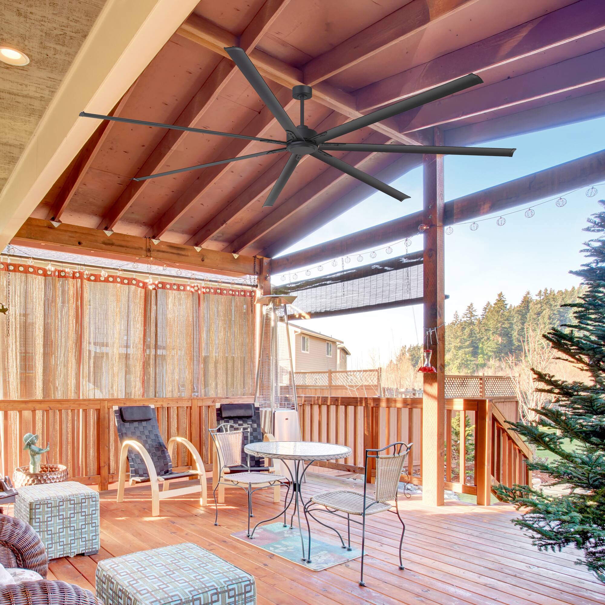 Left. Breezary - 84/96/120 Inch Extra Large HVLS Commercial Ceiling Fan, No Light, Aluminum Blades, DC Motor, Remote, 3 Downrods Included - Black.