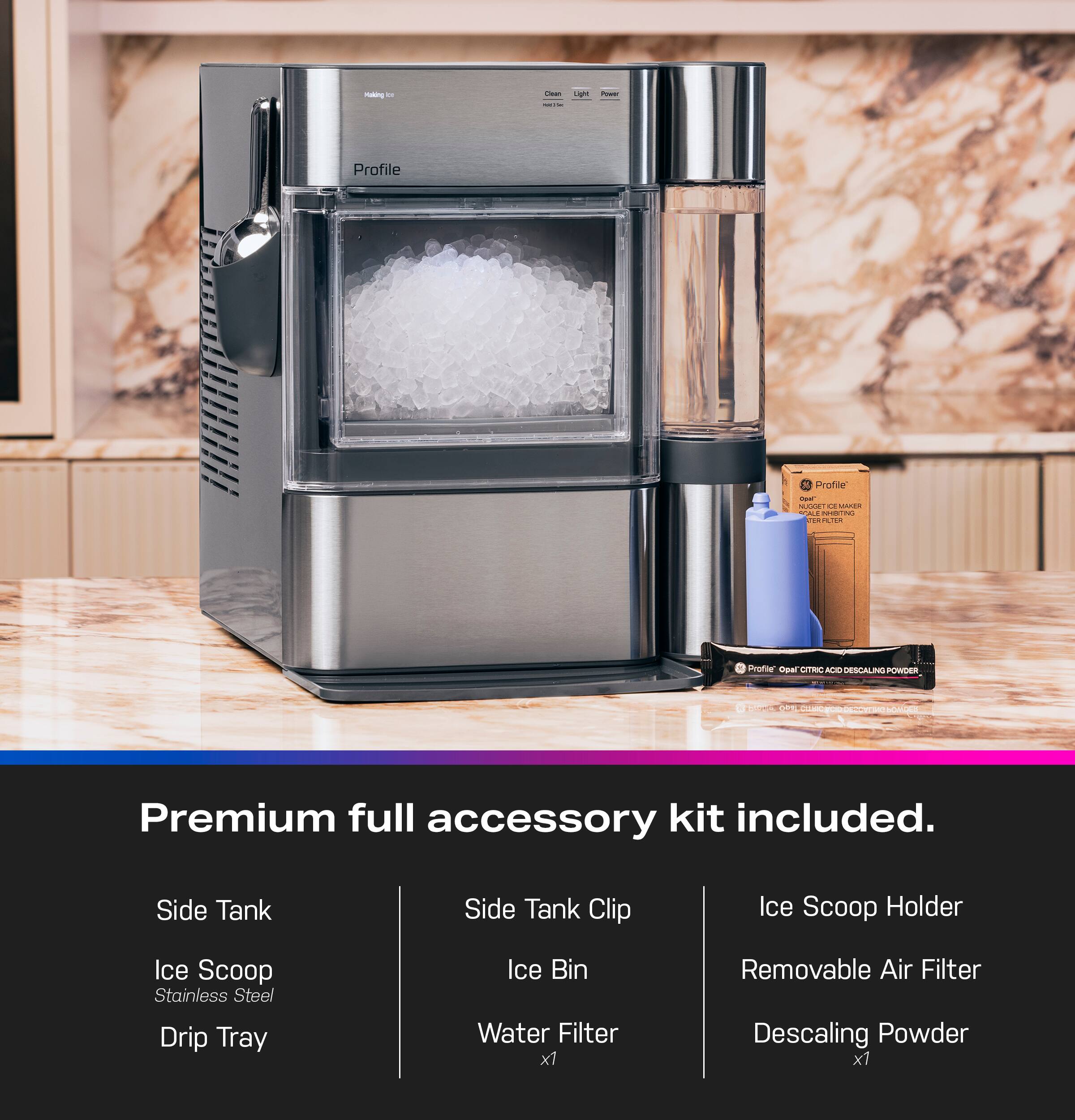Premium full accessory kit included.
- Side Tank
- Ice Scoop (Stainless Steel)
- Drip Tray
- Side Tank Clip
- Ice Bin
- Water Filter x1
- Ice Scoop Holder
- Removable Air Filter
- Descaling Powder x1