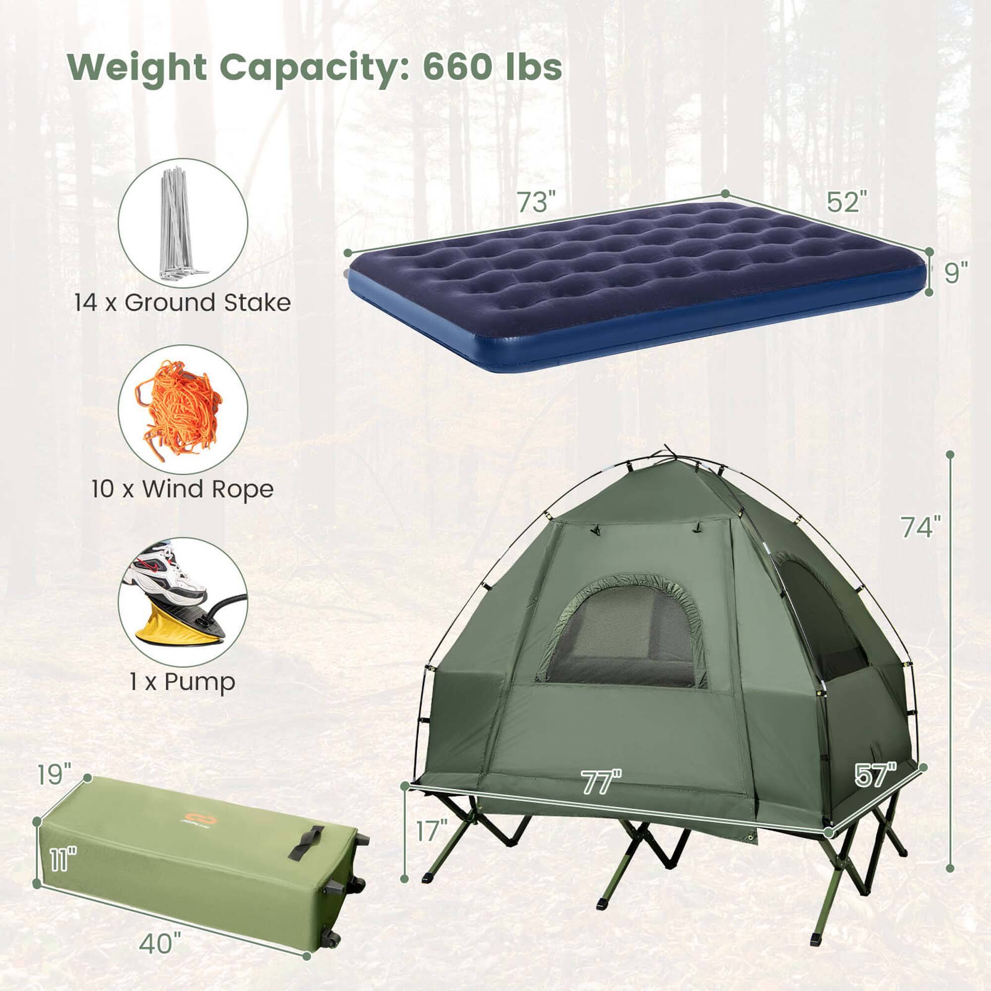Weight Capacity: 660 lbs
Dimensions: 73" x 52"
Includes: 14 x Ground Stake (9" each)
10 x Wind Rope (74" each)
1 x Pump (19" x 11" x 17")

Note: The image is a diagram of a tent and its accessories, including a mattress and a pump.
