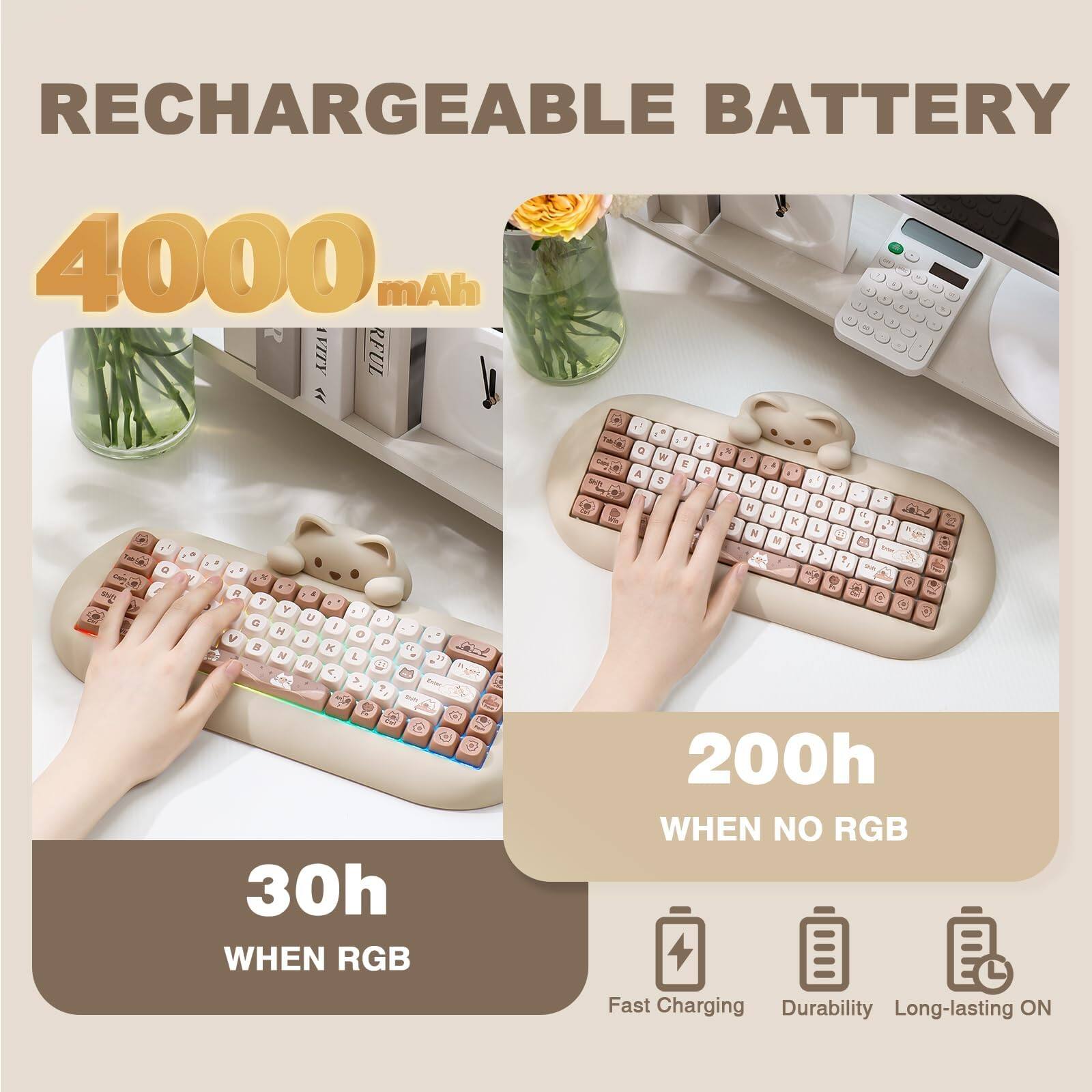 RECHARGEABLE BATTERY 4000 mAh

- 200h WHEN NO RGB
- 30h WHEN RGB

Fast Charging
Durability
Long-lasting ON