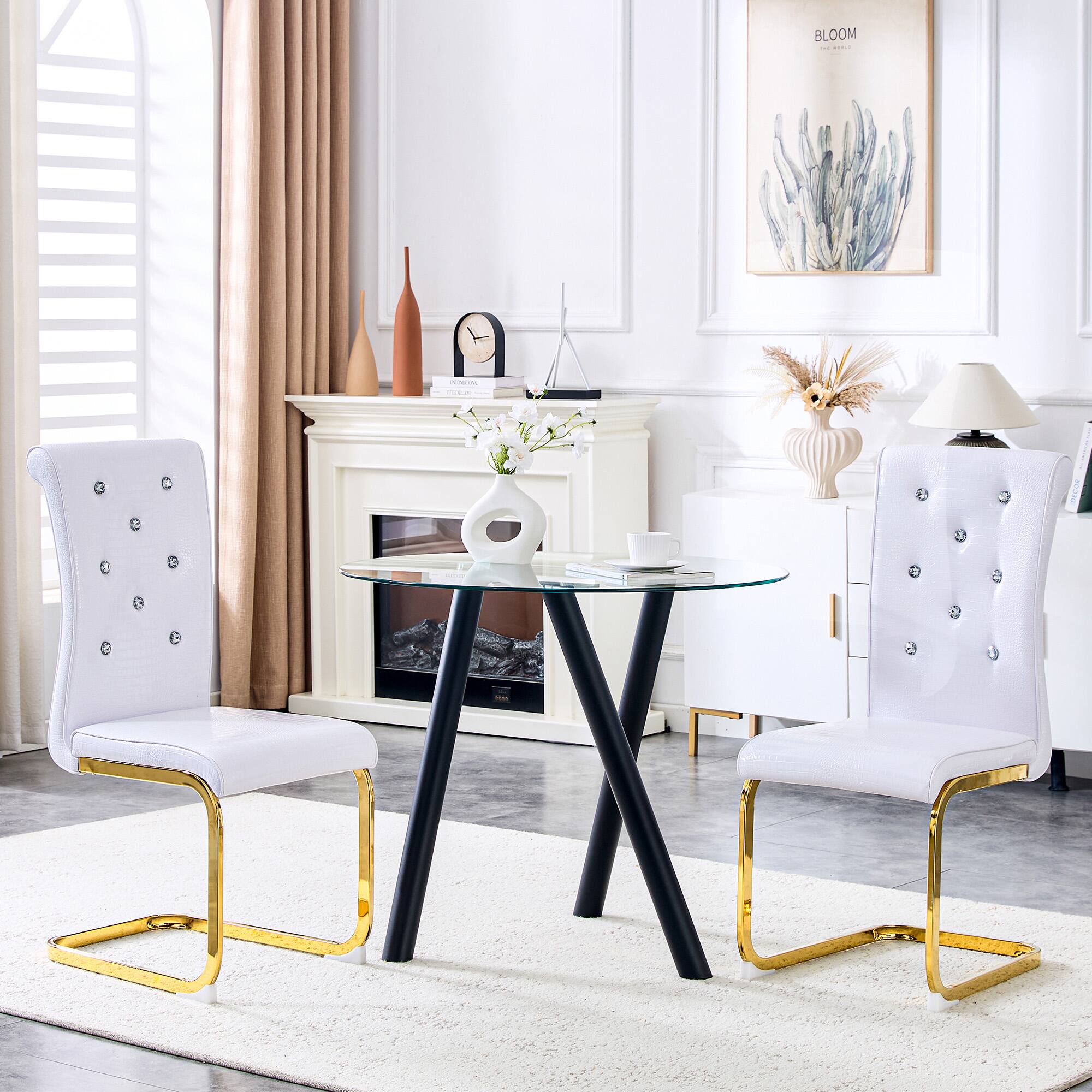 Angle. Loheer - Retro Alligator Faux Leather Dining Chairs Set of 2 - Crystal Tufted Gold Bow Legs - White.