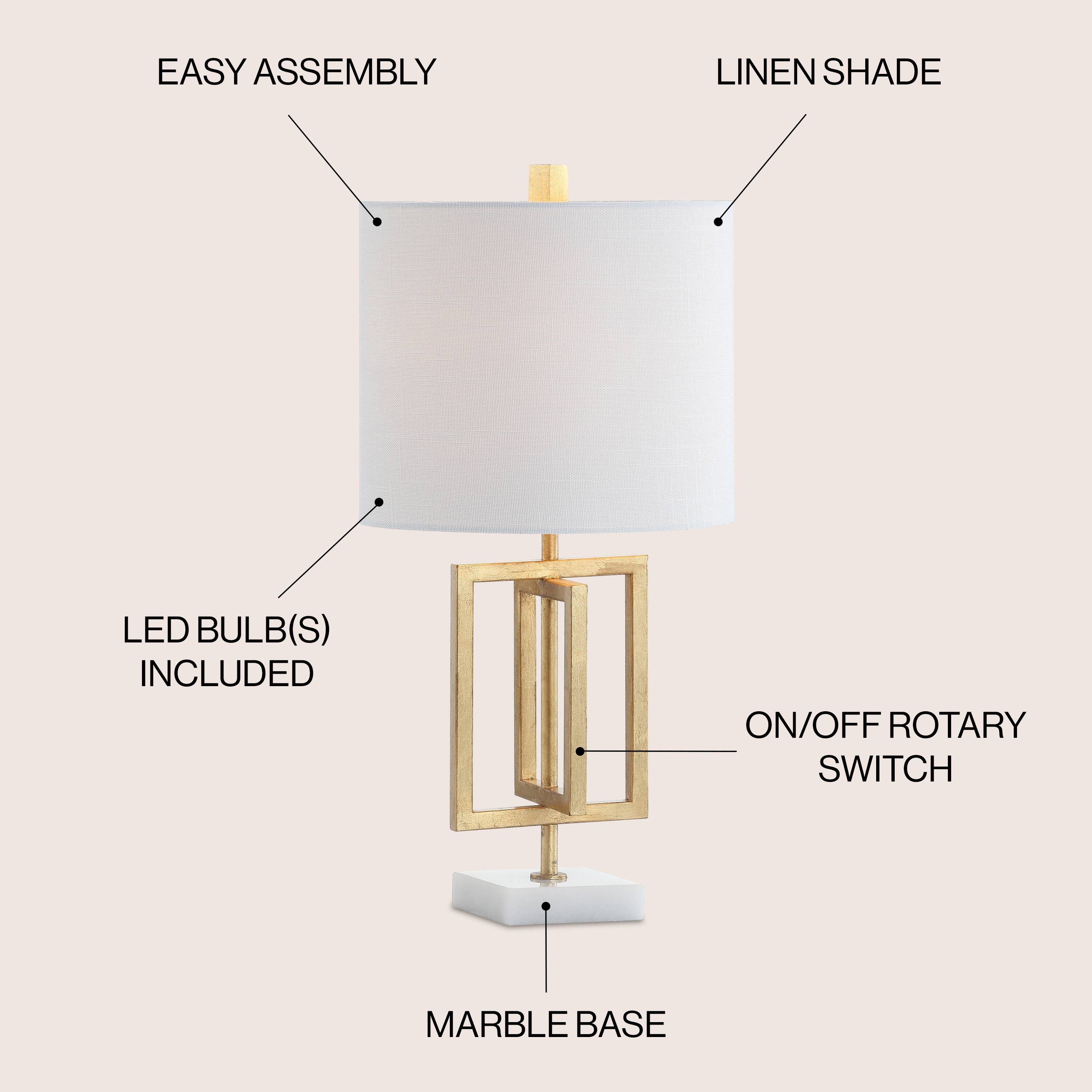 EASY ASSEMBLY  
LINEN SHADE  
LED BULB(S) INCLUDED  
ON/OFF ROTARY SWITCH  
MARBLE BASE