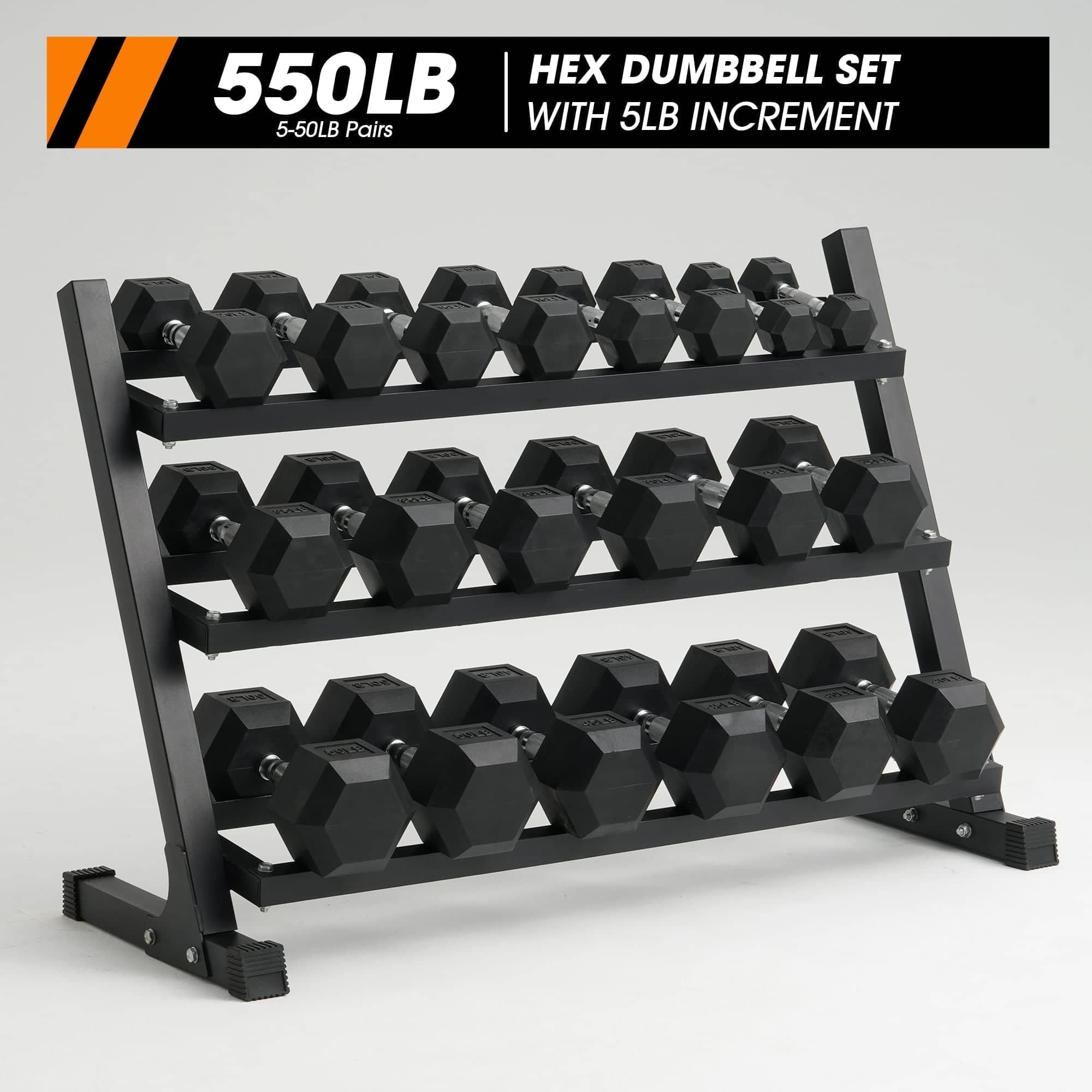 550LB
5-50LB Pairs
HEX DUMBBELL SET
WITH 5LB INCREMENT