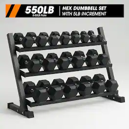 Mikolo - Rubber Hex Dumbbell Set with Racks, Options in 550lbs, Strength Training Weight Set Home Gym - Black