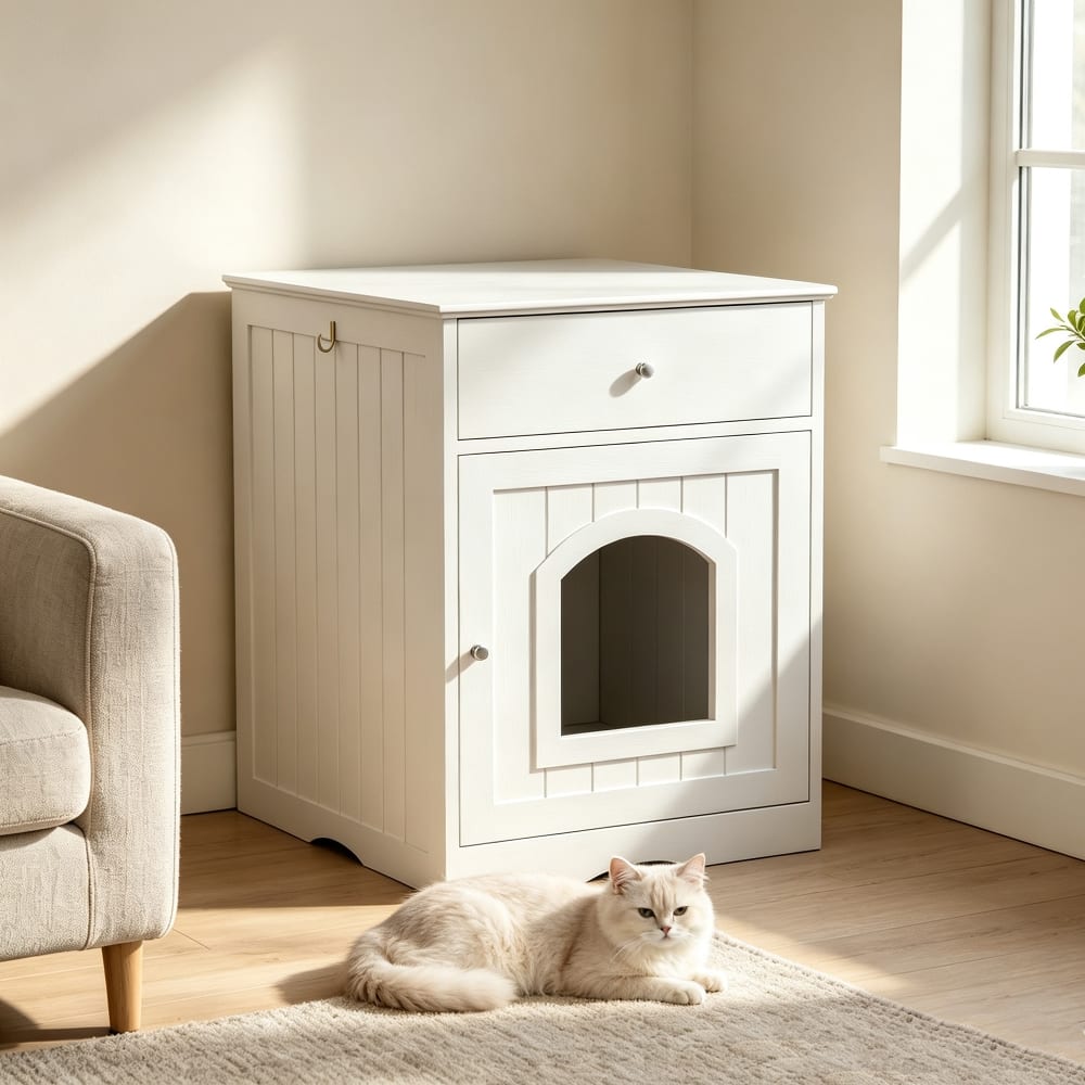 Loheer - Wooden Cat Litter Box Enclosure with Drawer Indoor Pet Crate Nightstand Hidden Cat Washroom Side Table - White price history on PriceWatchPro