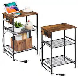 Oumilen - Rustic 3-Tier End Table with Charging Station & Mesh Shelves, Set of 2 - Brown