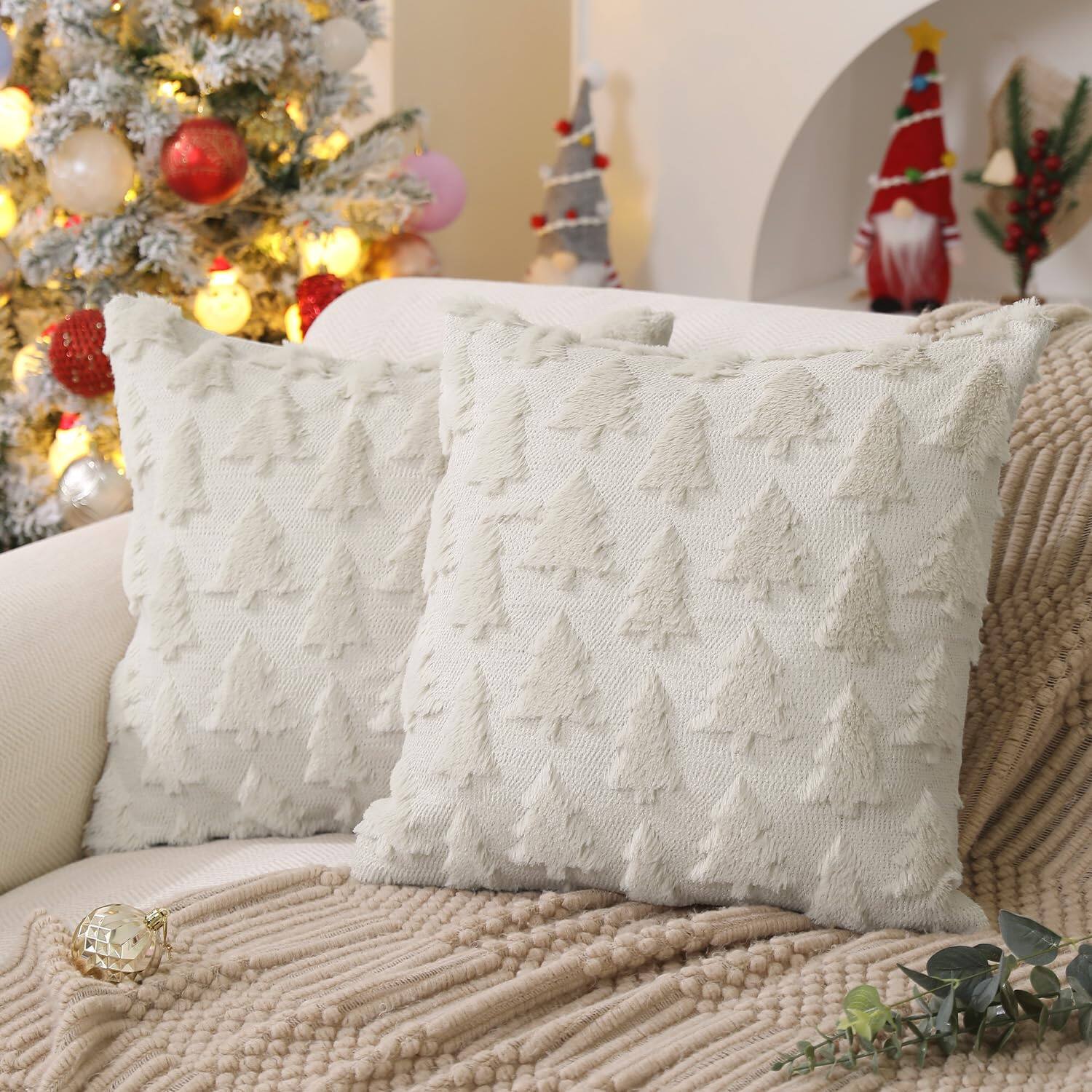 Front. Stylel Star - DFXSZ Christmas Tree Pillow Covers 18x18 inch Set of 2 Christmas Decoration Beige Soft Plush Faux Fur Jacquard Throw ... - Cream White.