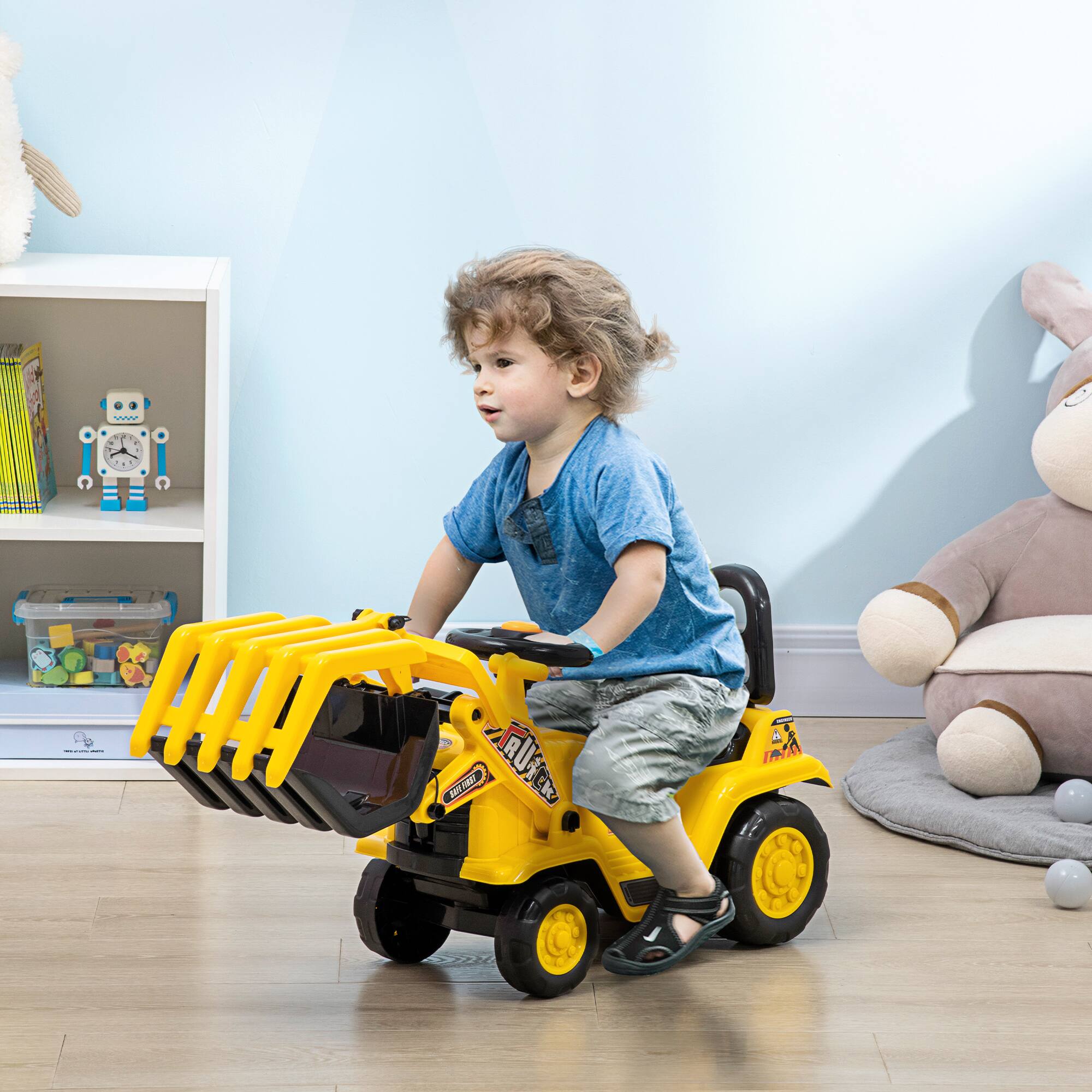 Alt View 1. Ecooso - Kids Ride-On Excavator Toy Car, Digger Vehicle with Sound Effects, Storage Seat, and Treaded Wheels for Toddlers - Yellow.