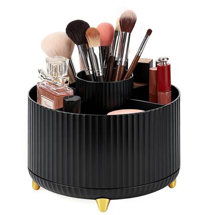 Front. Mber - Rotating Makeup Organizer, Pencil Pen Holder Cup for Desk Organizer, Multi-Function Storage Carousel for Vanity, Black - Black.