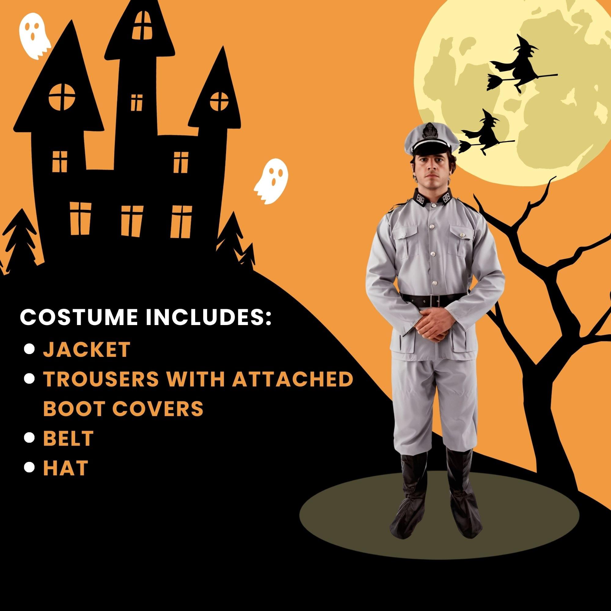 COSTUME INCLUDES:
- JACKET
- TROUSERS WITH ATTACHED BOOT COVERS
- BELT
- HAT