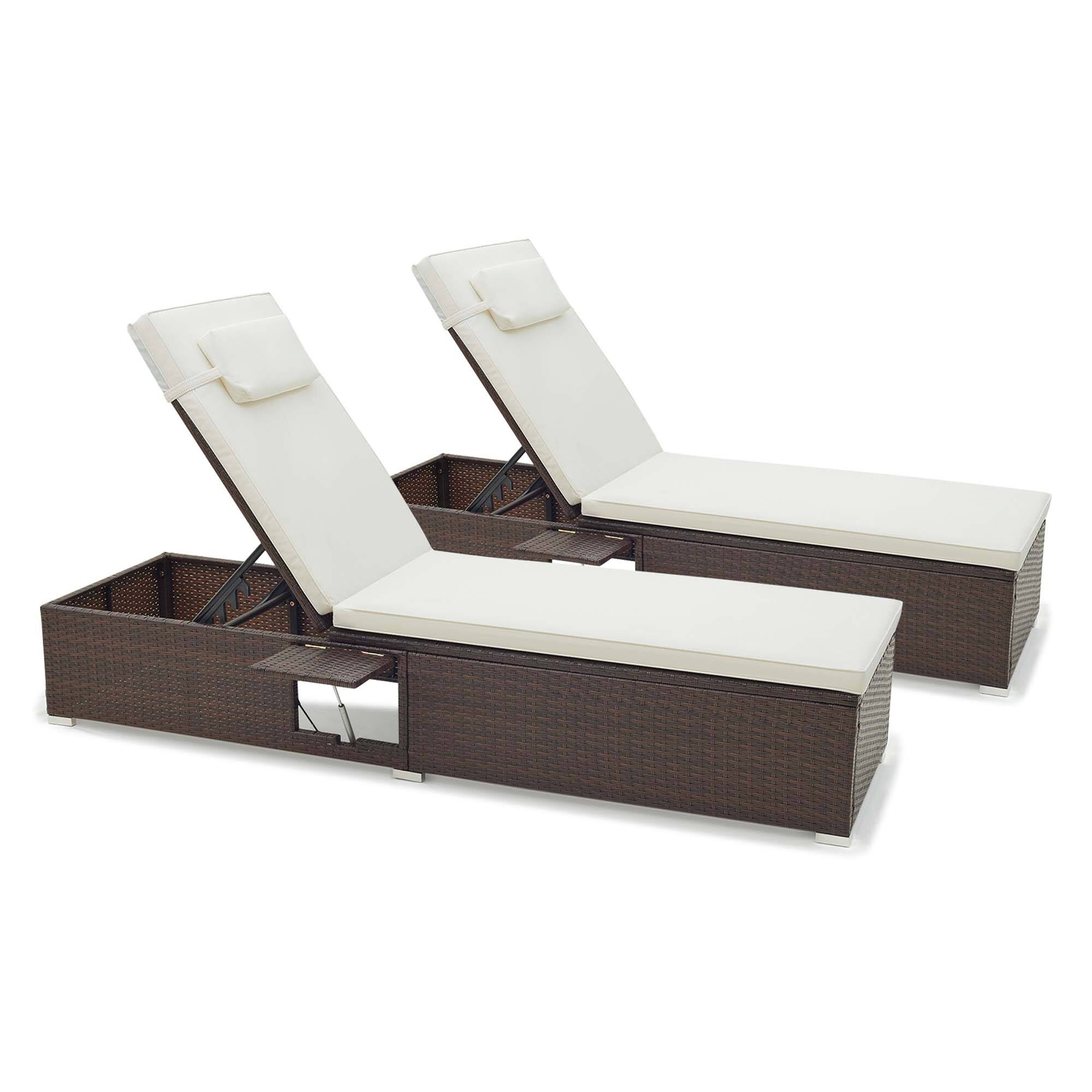 Costway - 2 PCS Patio Chaise Lounge with 6-level Backrest, Comfy Seat Cushion & Headrest - Mix Brown + Off White