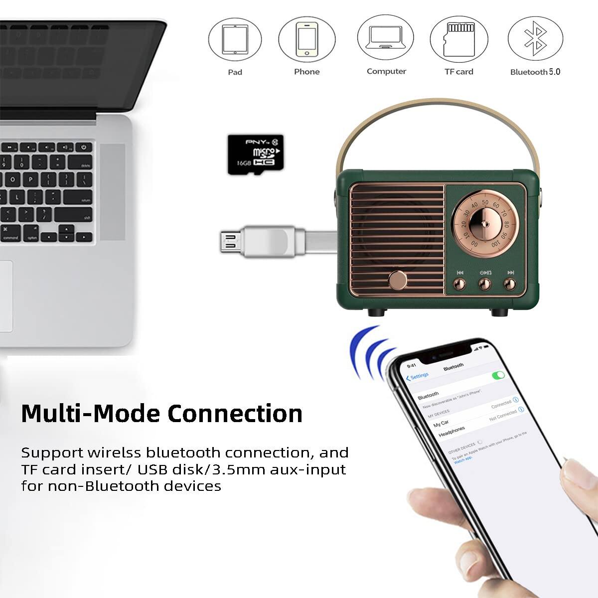 Multi-Mode Connection

Support wireless bluetooth connection, and TF card insert/ USB disk/3.5mm aux-input for non-Bluetooth devices

- Pad
- Phone
- Computer
- TF card
- Bluetooth 5.0