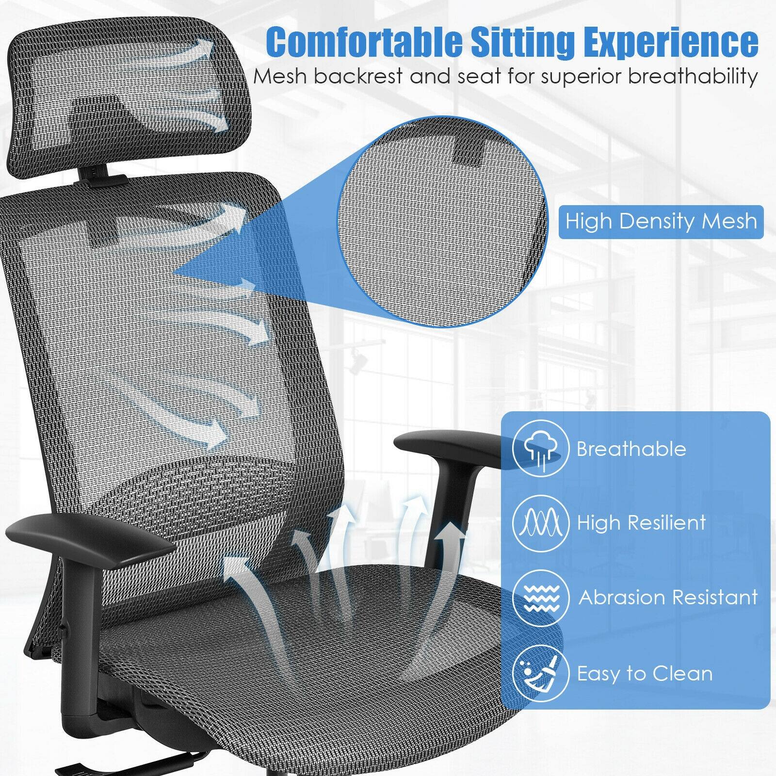 The text on the image reads: "Comfortable Sitting Experience Mesh backrest and seat for superior breathability High Density Mesh Breathable High Resilient Abrasion Resistant Easy to Clean."
