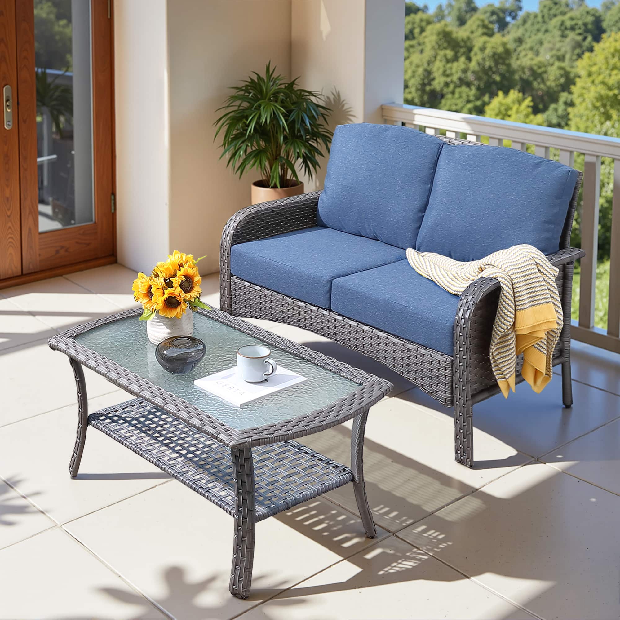 Ovios - 2 PCS Outdoor Patio Furniture High Back Sofa Wicker Loveseat with Table for Backyard Balcony - Denim Blue