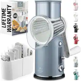 Zulay Kitchen - Classic Rotary Cheese Grater with 5 Blades, Reinforced Suction, and 5 Interchangeable Drums - Gray