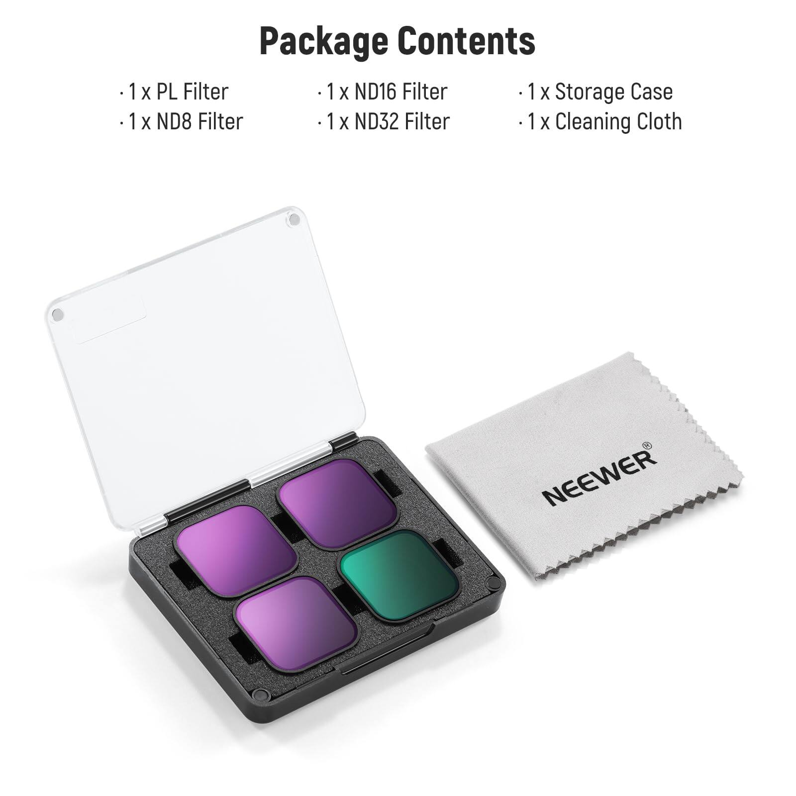 Package Contents

- 1 x PL Filter
- 1 x ND8 Filter
- 1 x ND16 Filter
- 1 x ND32 Filter
- 1 x Storage Case
- 1 x Cleaning Cloth