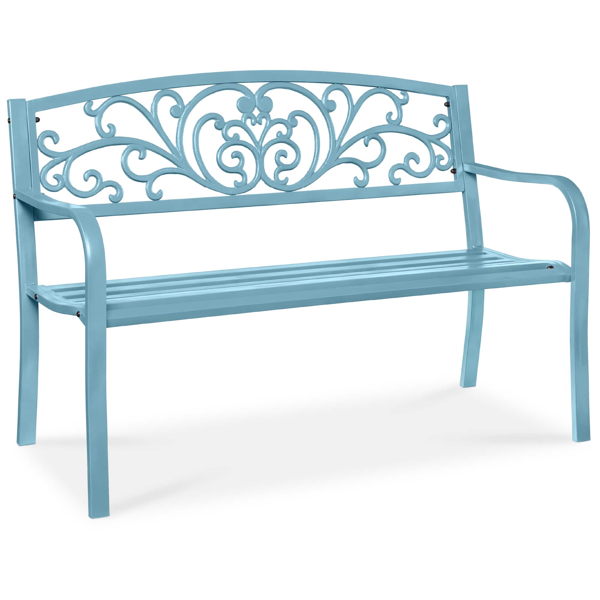 Front. Best Choice Products - Best Choice Products Outdoor Steel Bench Garden Patio Porch Furniture w/ Floral Design Backrest - Sky Blue - Sky Blue.