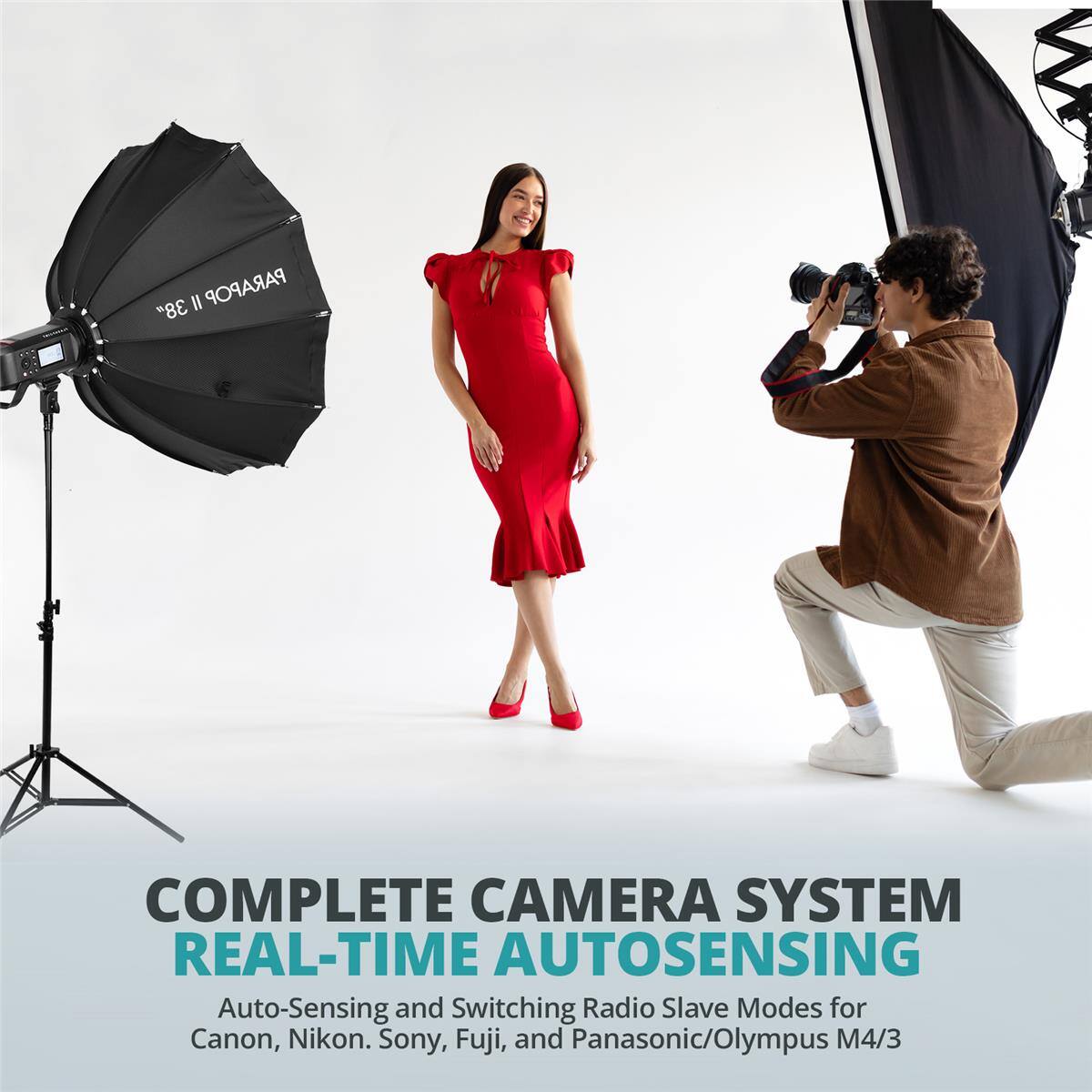 II PARAPOP 38" COMPLETE CAMERA SYSTEM REAL-TIME AUTOSENSING Auto-Sensing and Switching Radio Slave Modes for Canon, Nikon, Sony, Fuji, and Panasonic/Olympus M4/3