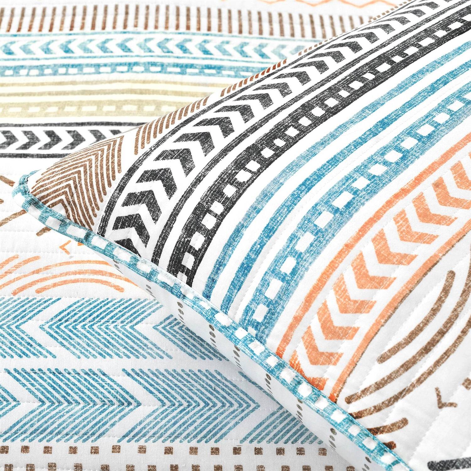 Back. Hivvago - Full/Queen Scandinavian Chevron Teal White Orange Reversible Cotton Quilt Set - White Orange.