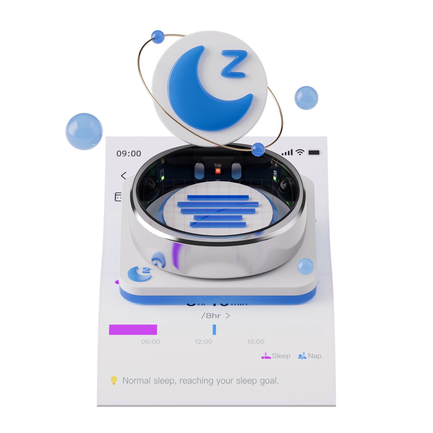 Z 09:00 < 8hr > 06:00 12:00 18:00 Sleep Nap Normal sleep, reaching your sleep goal.