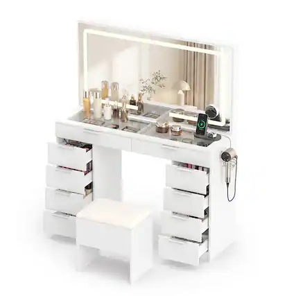 Front. WELLFOR - Makeup Vanity Desk with 3‑Color Lighted Mirror,Charging Station,10 Drawers,Glass Tabletop and Padded Stool for Bedroom - White.