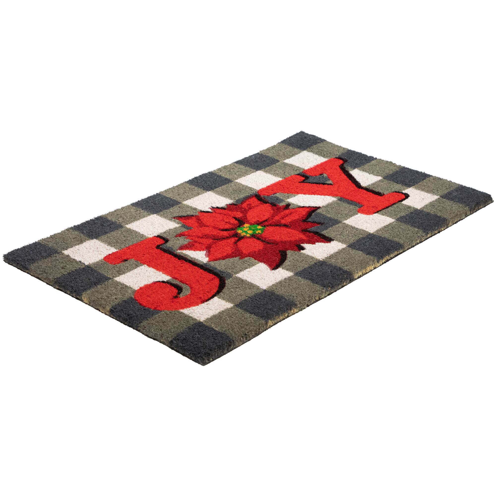 Alt View 4. Northlight - Gray and Red Poinsettia "Joy" Christmas Natural Coir Outdoor Doormat 18" x 30" - Gray.