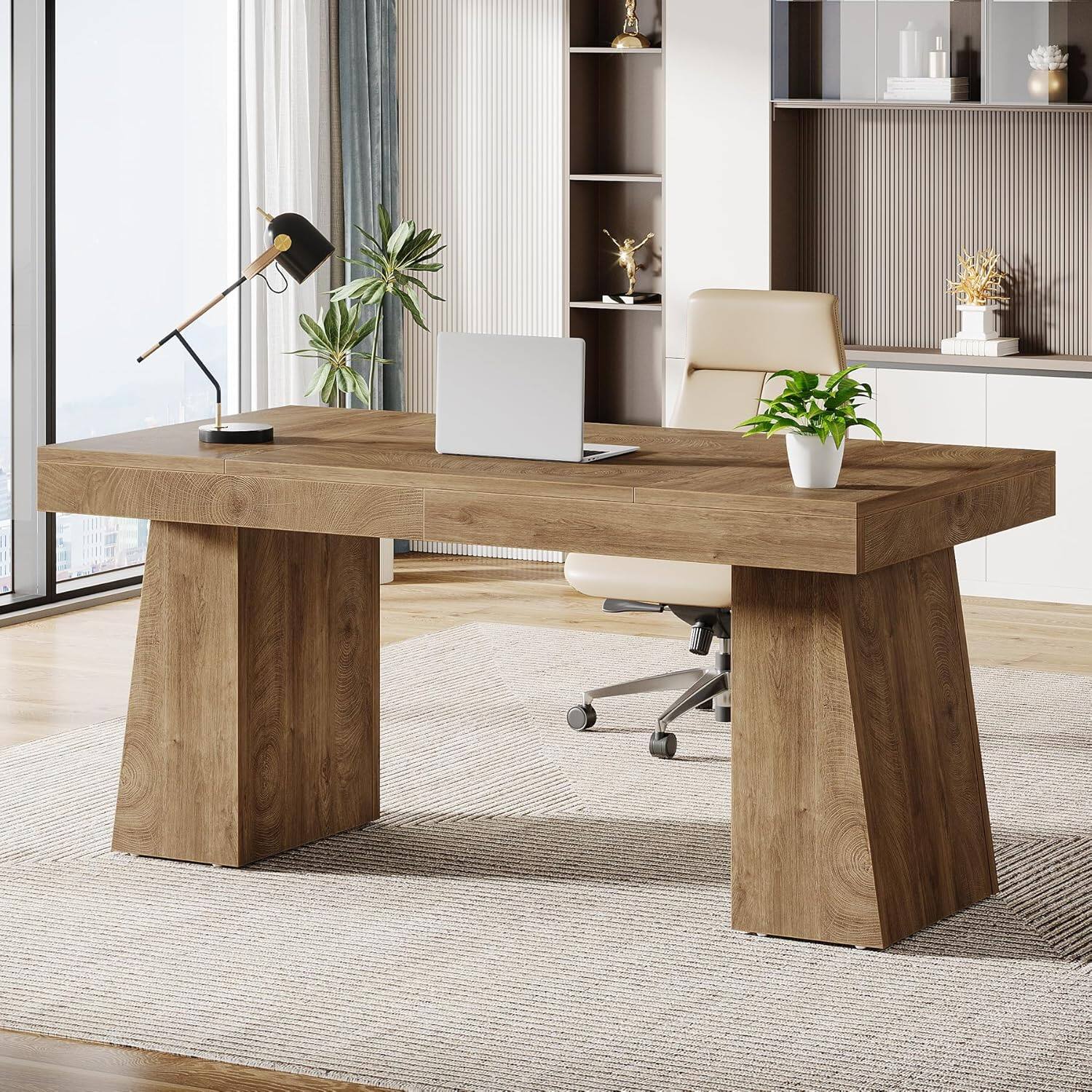 Back. Tribesigns - Office Executive Desk, For Computer Work and Writing in Home Offices and Everyday Organization - Light Brown.