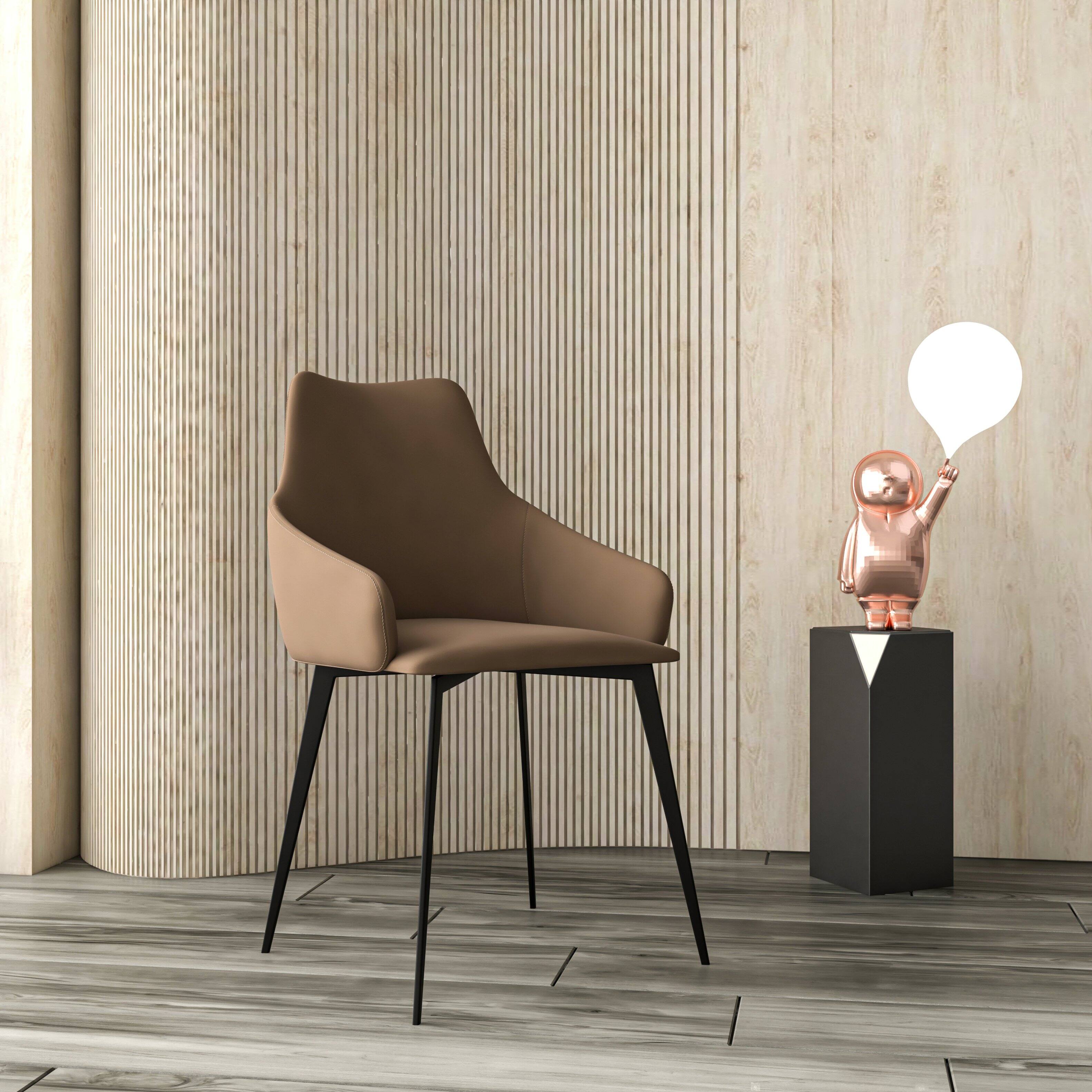 Angle. LeisureMod - Sonnet Modern Dining Chair, Fabric & PU Leather Upholstered Accent Kitchen Chair with Arms and Metal Legs - Light Brown.