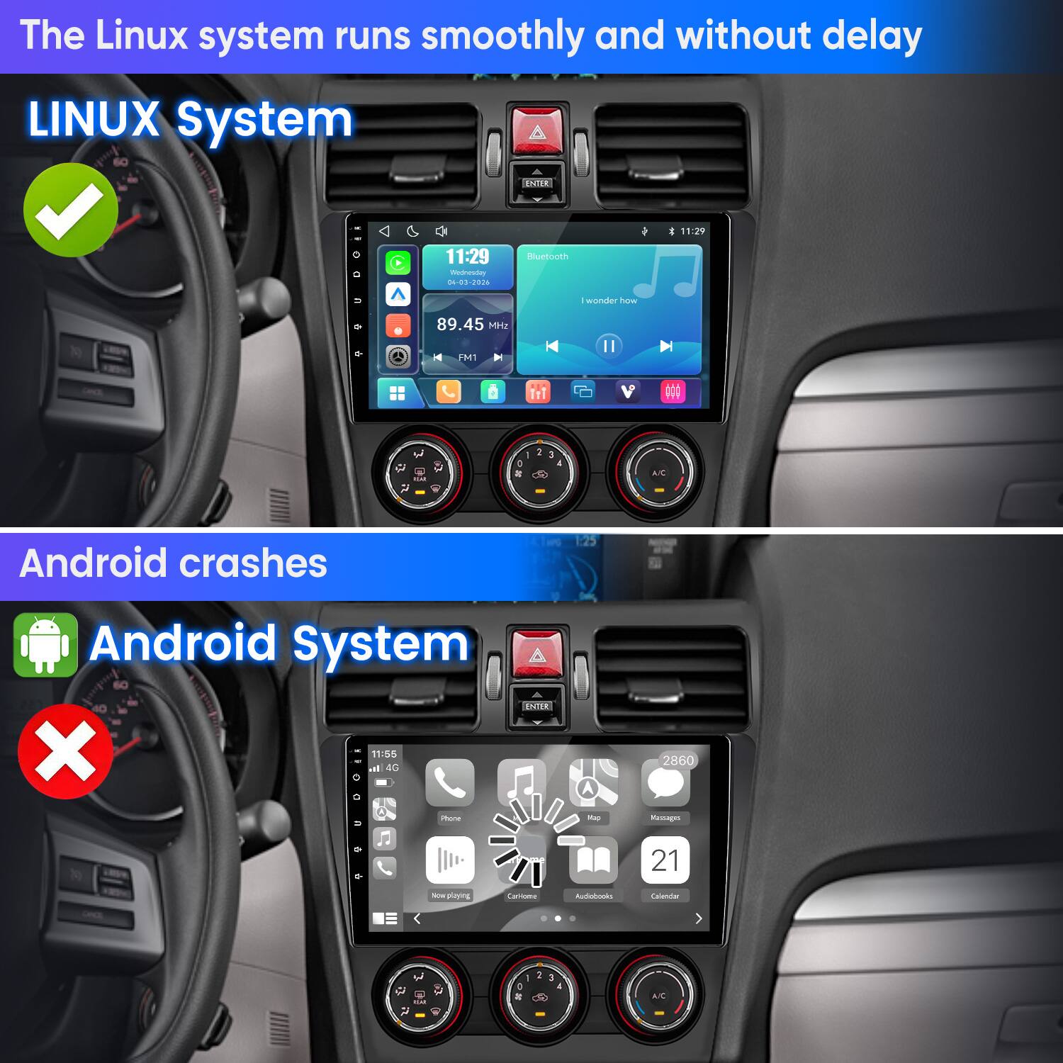 The Linux system runs smoothly and without delay  
LINUX System  

Android crashes  
Android System