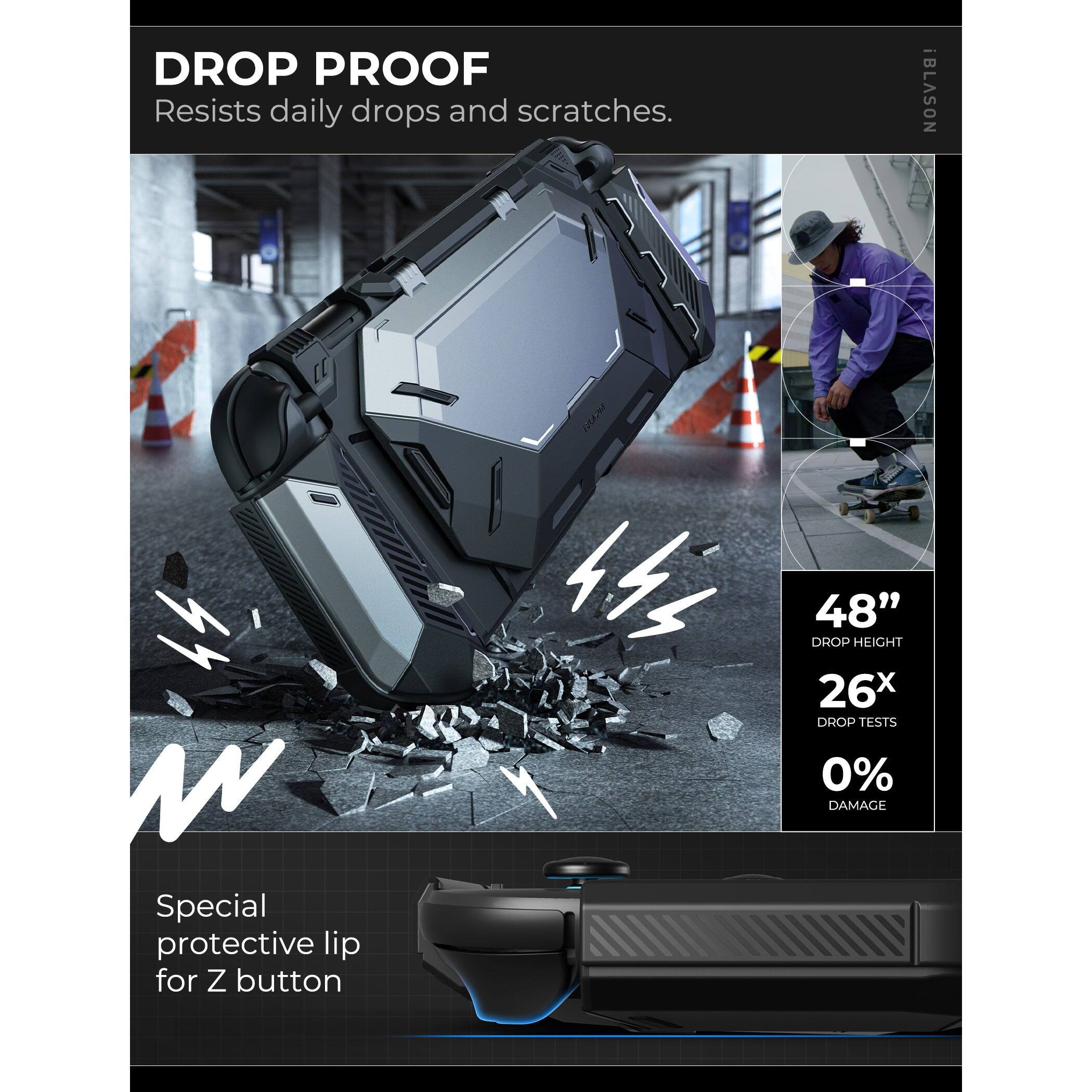 **DROP PROOF**  
Resists daily drops and scratches.

**48"**  
DROP HEIGHT

**26x**  
DROP TESTS

**0%**  
DAMAGE

Special protective lip for Z button