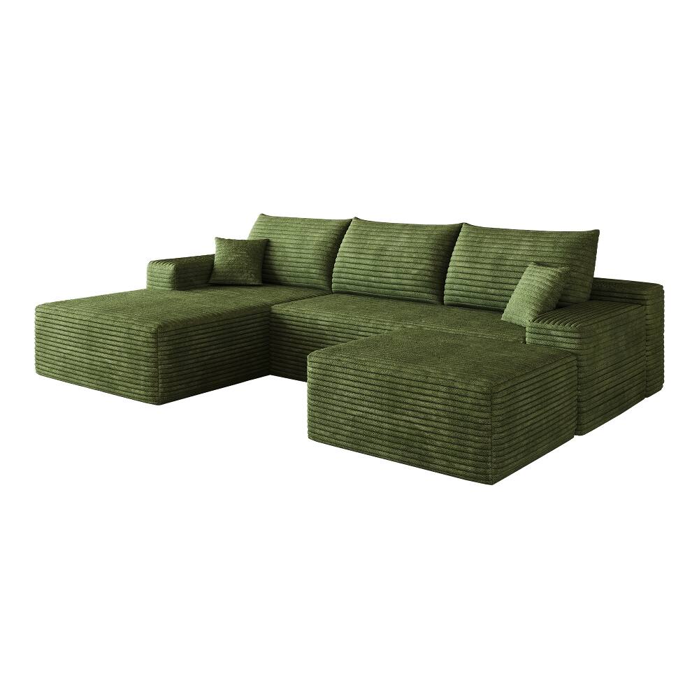 Alt View 3. Loheer - Loheer 107-Inch Green Corduroy Cloud Sectional Sofa with Ottoman, U-Shaped Deep Seat Modular Couch - Green.