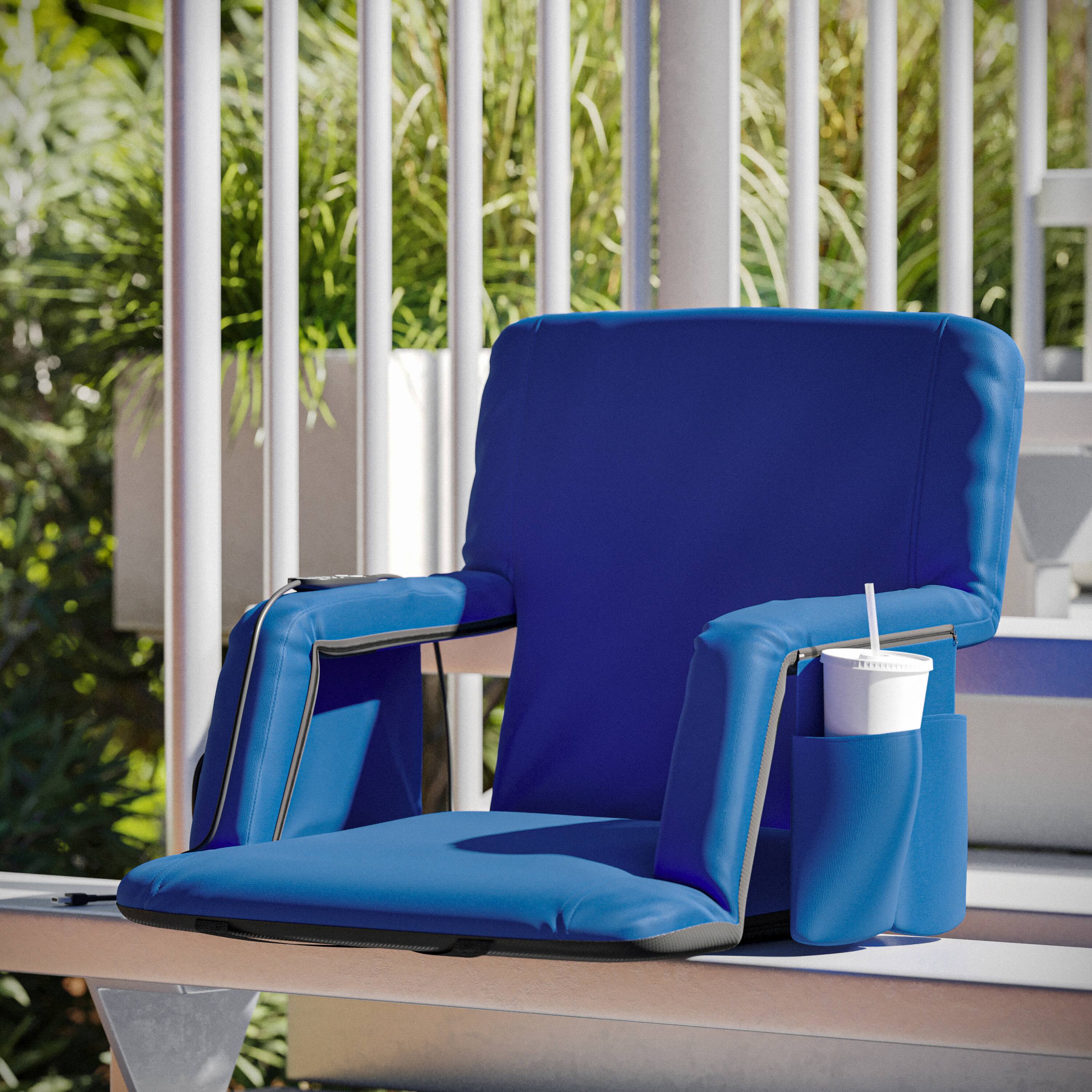 Alt View 1. Emma + Oliver - Foldable Reclining Stadium Chair with Backpack Straps and Heated Seat - Blue.
