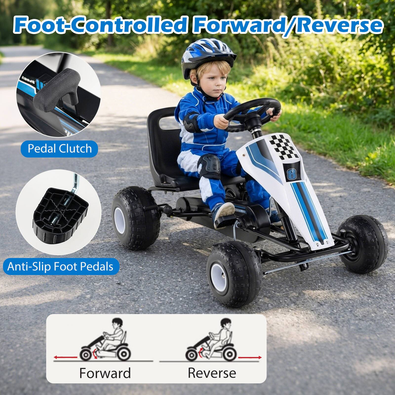 Foot-Controlled Forward/Reverse  
Pedal Clutch  
Anti-Slip Foot Pedals  
Forward  
Reverse