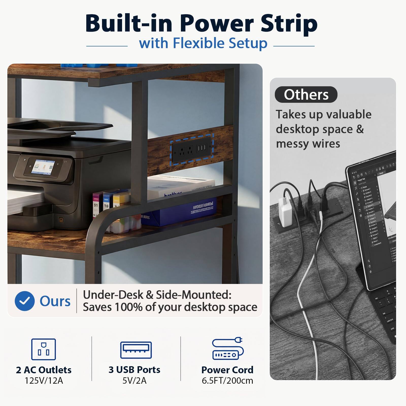 Built-in Power Strip with Flexible Setup

Others: Takes up valuable desktop space & messy wires

Ours: Under-Desk & Side-Mounted: Saves 100% of your desktop space

2 AC Outlets 125V/12A

3 USB Ports 5V/2A

Power Cord 6.5FT/200cm
