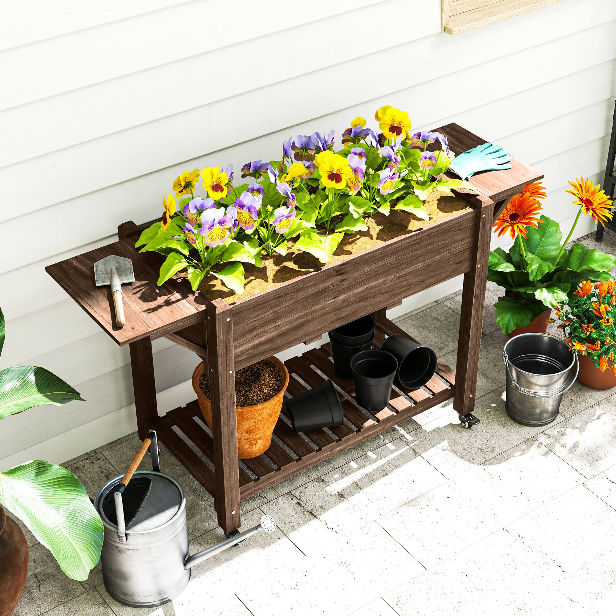 Alt View 8. Outsunny - Raised Garden Bed, 57 x 20.5 x 34 in Wood Elevated Planter Box with Lockable Wheels, Side Tables and Bottom Shelf - Carbonized.
