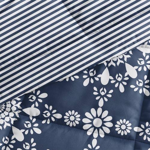 Back. Hivvago - King size 3-Piece Navy Blue White Reversible Floral Striped Comforter Set - Navy.